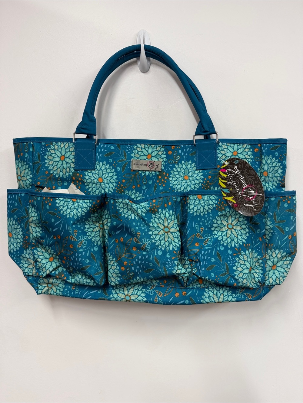 Teal Floral Organizer knitting Tote Bag with Exterior Pockets new